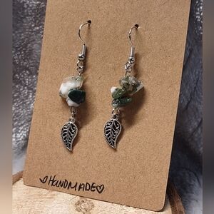 Handmade Moss Agate Leaf Charm Earrings